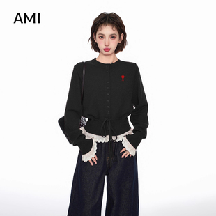 外套上衣薄 开衫 AMI 2025灰色假两件蕾丝针织毛衣女秋小个子短款