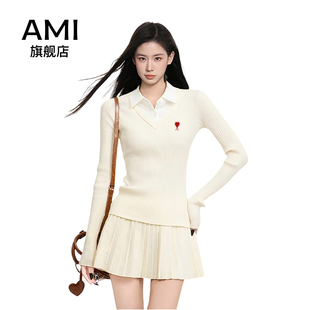 AMI官方旗舰店假两件正肩内搭打底v领polo领针织衫女秋春修身毛衣