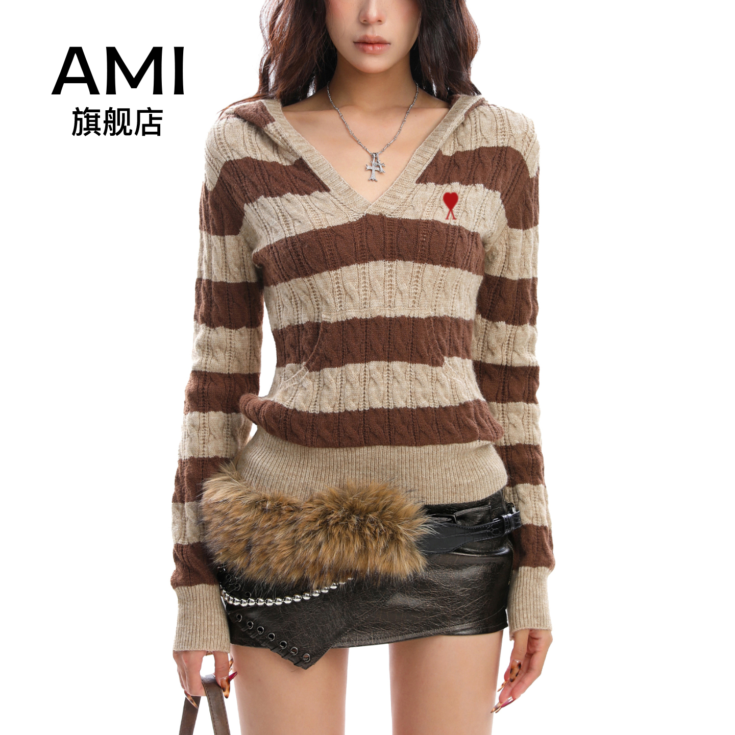 AMI美式复古辣妹撞色条纹V领连帽针织衫女秋季修身显瘦上衣
