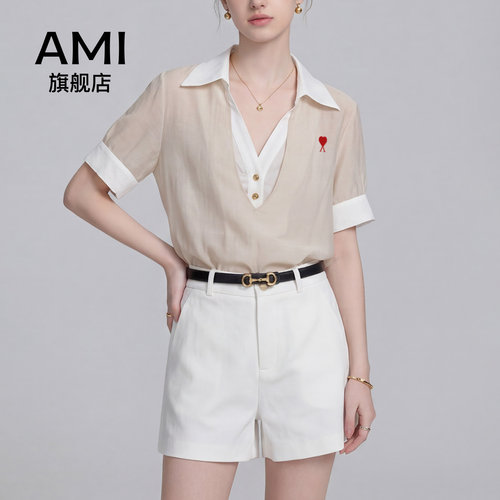 AMI官方美式假两件撞色翻领短袖T恤女装夏季时尚通勤百搭时尚上衣