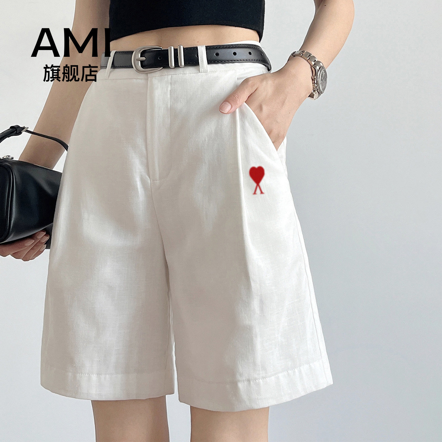 AMI官方亚麻短裤女外穿夏薄款小个子老钱风a字阔腿西装5五分中裤
