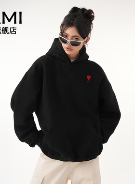 AMI黑色440G重磅连帽卫衣女秋冬季潮牌宽松高级感纯色上衣2025年