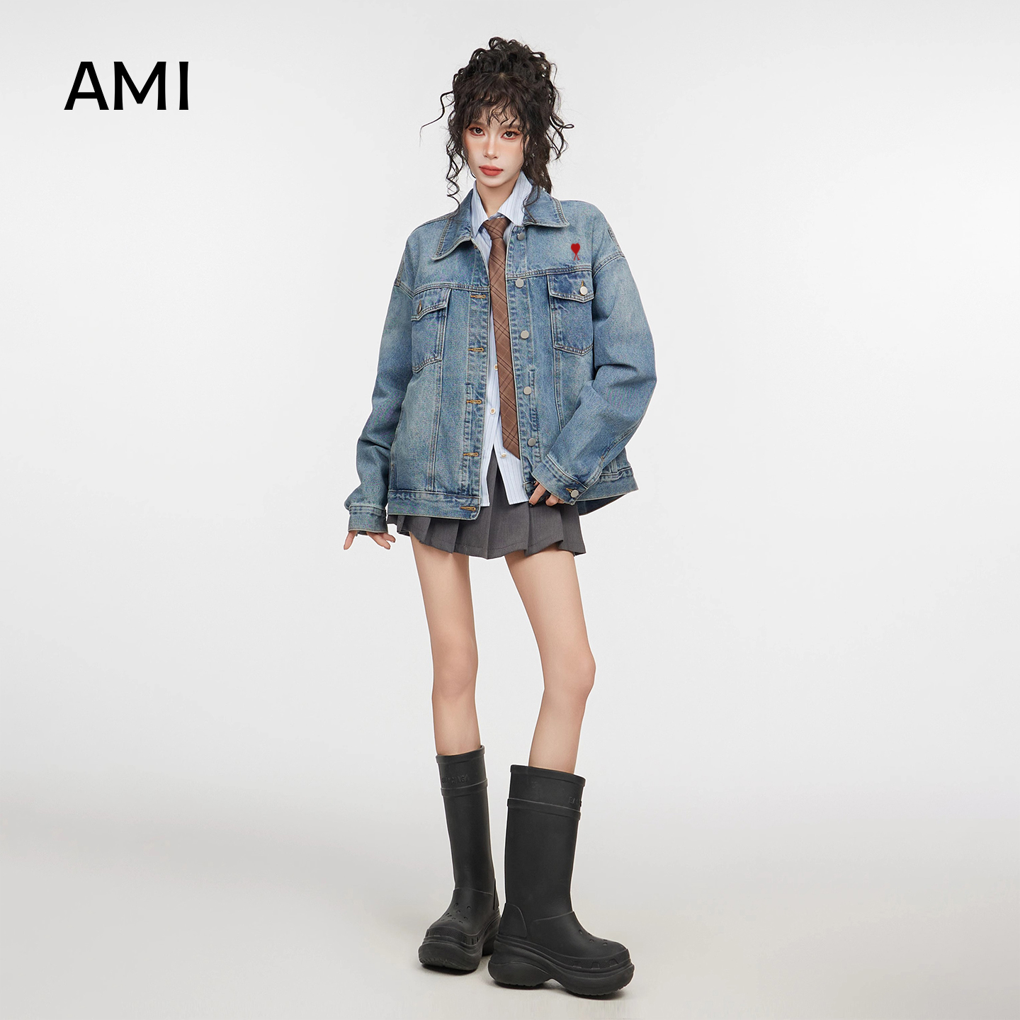 AMI美式复古蓝色牛仔外套女2025冬秋新款小个子宽松休闲夹克上衣