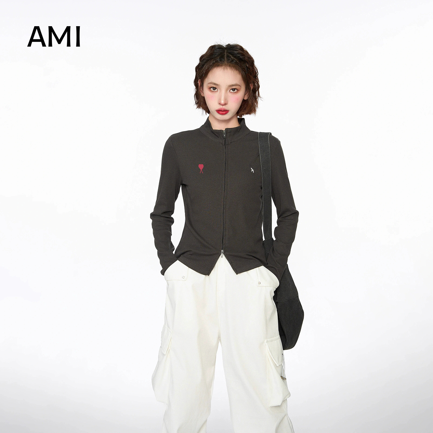 AMI美式黑色辣妹立领长袖T恤女2025春秋季正品修身内搭打底衫上衣