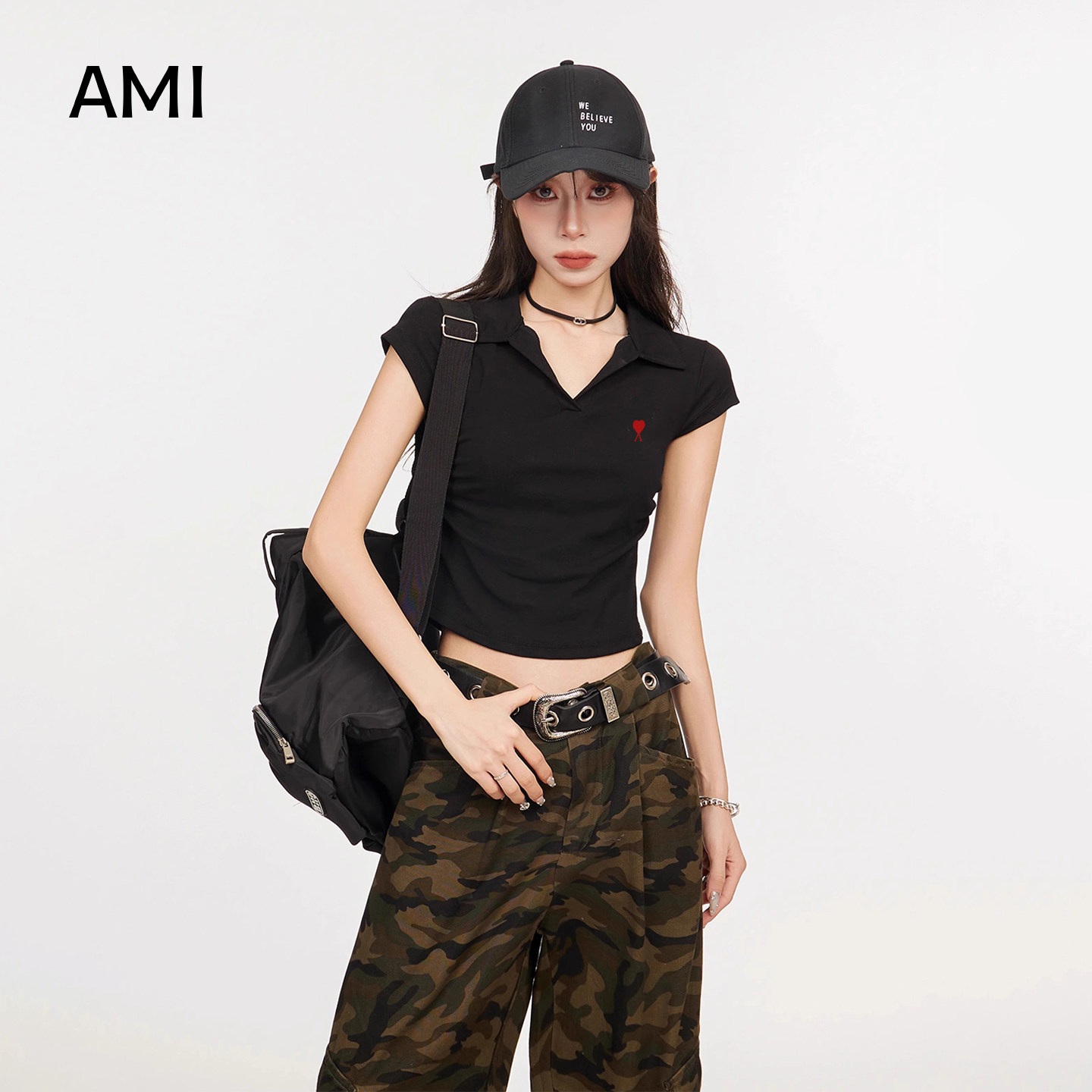 AMI官方 2026美式黑色26衫POLO衫v领短袖t恤女春季正品修身辣妹