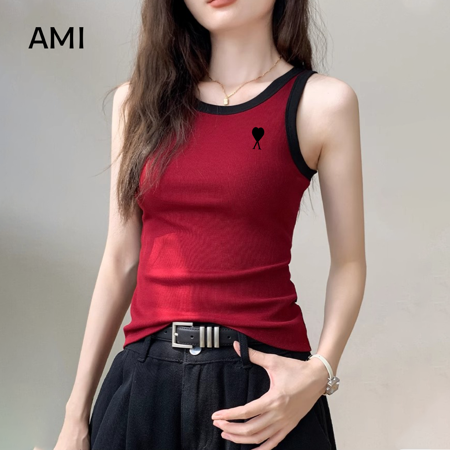 AMI美式拼色设计感圆领无袖背心女夏季辣妹外穿正品修身内搭上衣