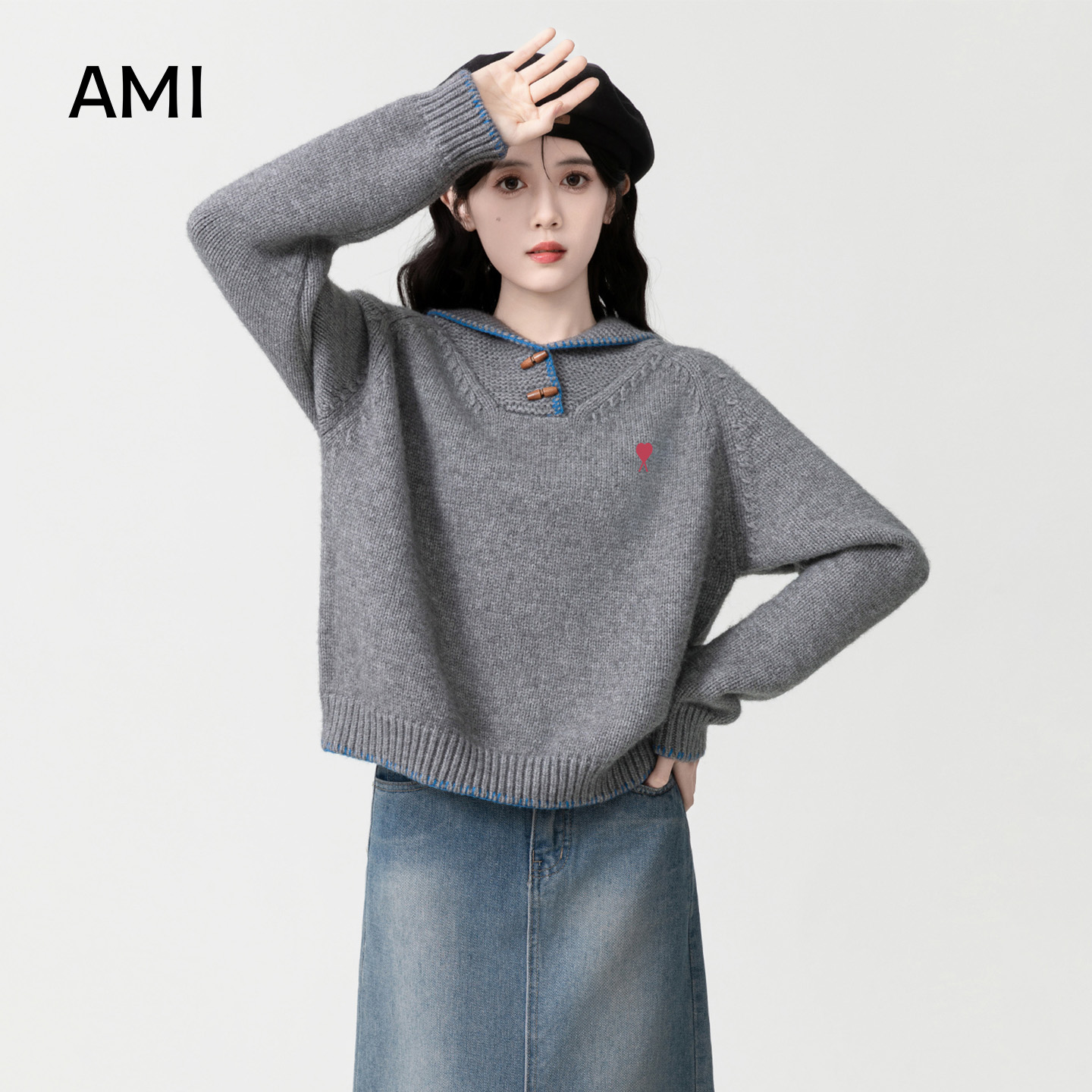 AMI美式复古牛角扣翻领套头毛衣女冬秋冬2025新款减龄百搭针织衫