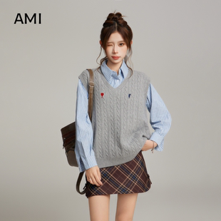 AMI官方美式灰色v领针织马甲背心女春秋新款叠穿内搭无袖毛衣坎肩