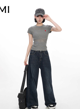 AMI美式灰色针织正肩短袖t恤女冬季正品修身显瘦短款辣妹上衣潮