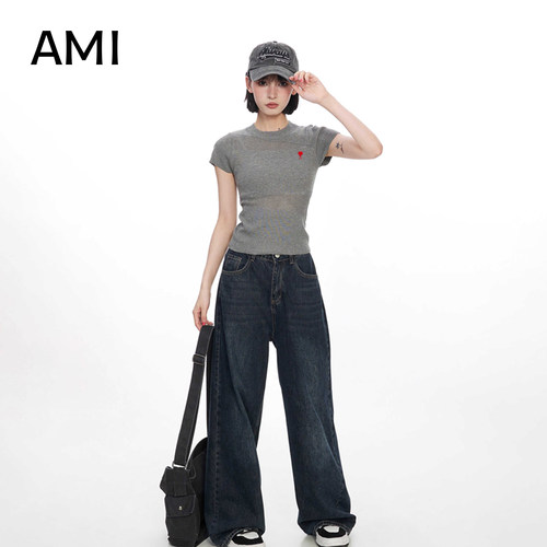 AMI官方美式灰色针织正肩短袖t恤女夏季正品修身显瘦短款辣妹上衣
