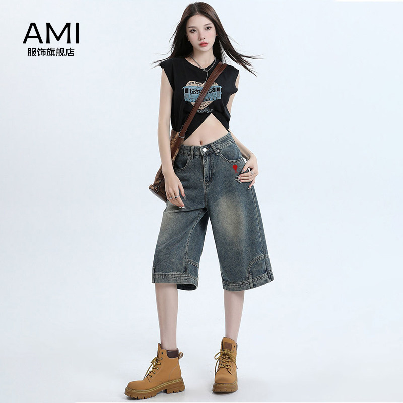 AMI官方 2026美式高腰牛仔短裤女春季新款正品小个子宽松六分中裤
