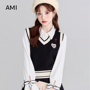 AMI官方美式针织马甲女2026春秋新款外搭v领坎肩叠穿无袖毛衣背心
