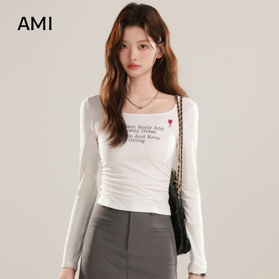 AMI美式辣妹风白色长袖t恤女2025冬秋新款修身显瘦内搭打底衫上衣