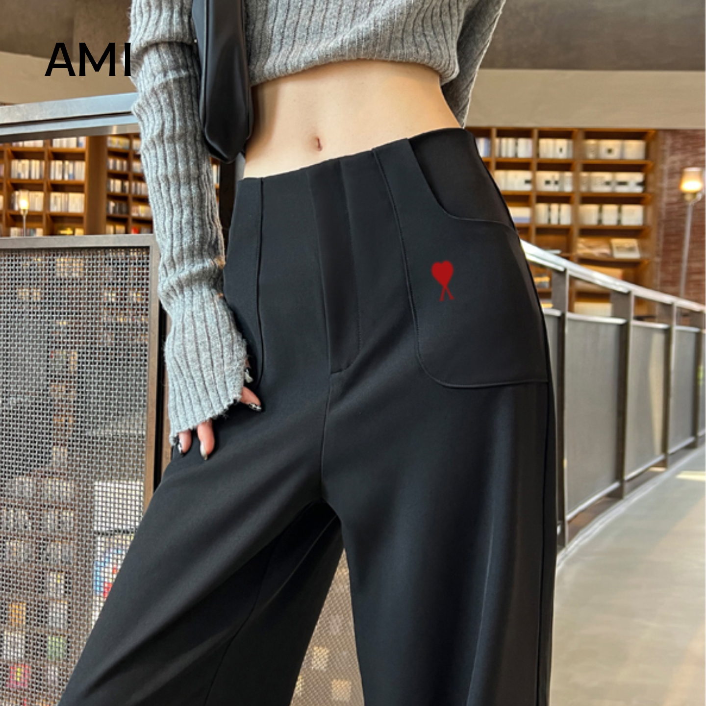 AMI美式黑色阔腿裤女春秋新款高腰垂感西装裤休闲直筒松弛感长裤