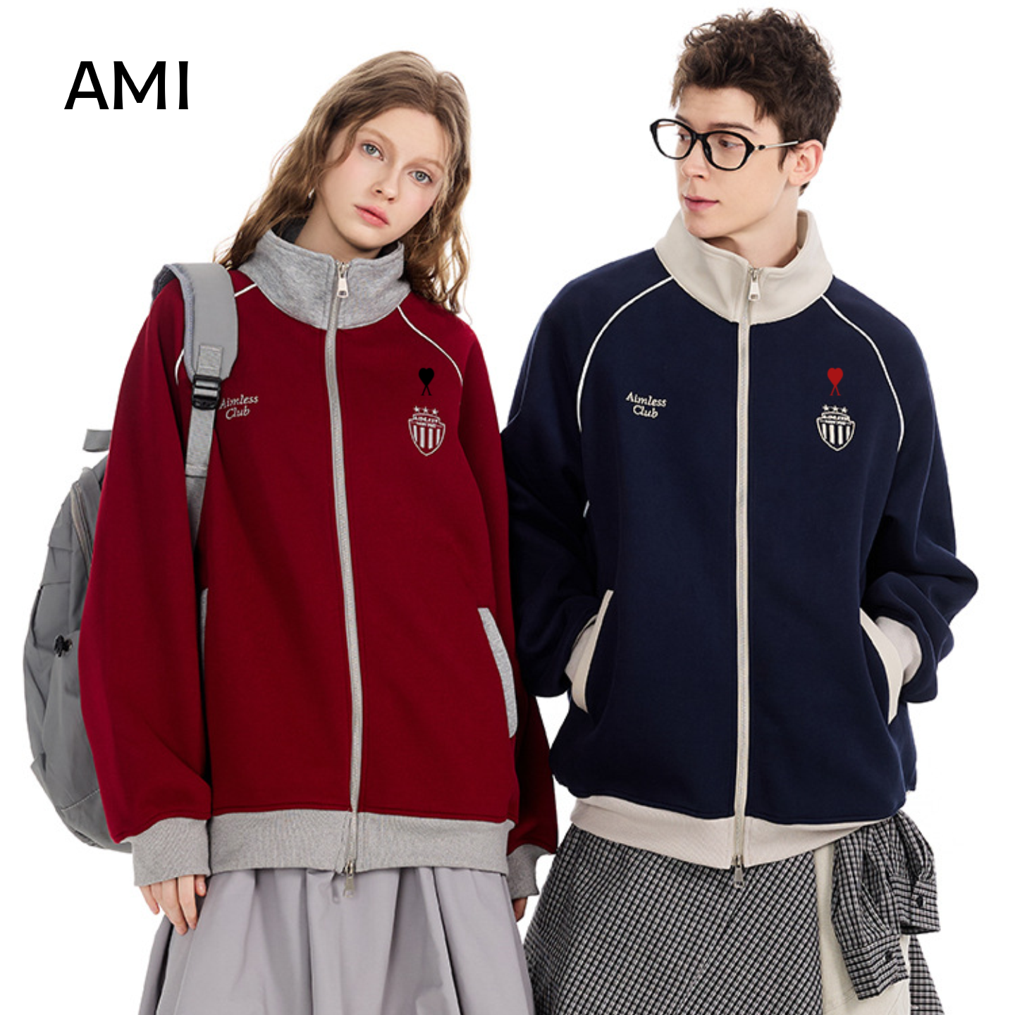 AMI 2025美式复古立领卫衣开衫男女款拼色宽松休闲冬秋新款外套