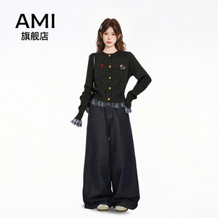 AMI官方(服饰配件)AMI官方深灰色腊肠狗假两件秋春外搭小香风毛