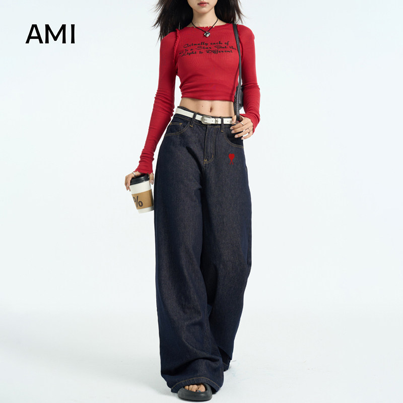 AMI官方美式深蓝色阔腿牛仔裤女2026春秋新款低腰复古宽松直筒长