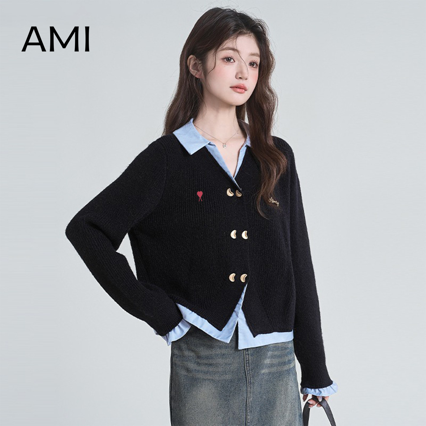 AMI官方 2026美式黑色假两件针织女春初春款学院风POLO领毛衣外套