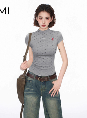 AMI 2025美式灰色波点半高领正肩短袖t恤女夏季修身正品辣妹上衣