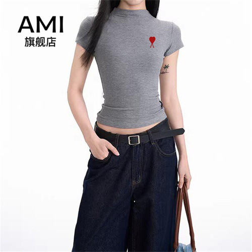 AMI官方灰色半高领正肩短袖t恤女夏季修身短款紧身美式辣妹上衣
