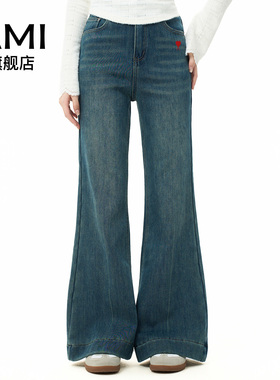 AMI深蓝色微喇加绒加厚高腰牛仔裤女秋冬直筒阔腿裤子2025新款