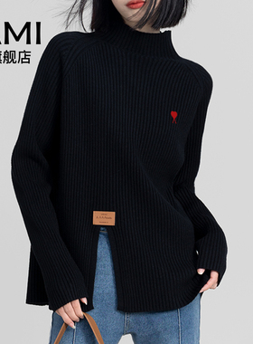 AMI黑色半高领毛衣针织衫冬季加厚内搭中领不规则开叉羊毛打底衫