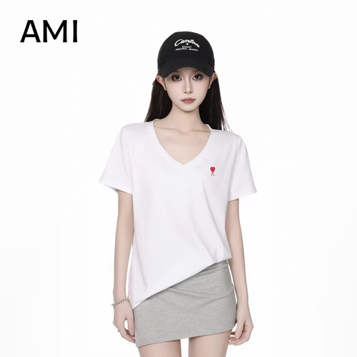 AMI官方美式白色V领26衫短袖t恤女夏新款宽松正品修身显瘦上衣