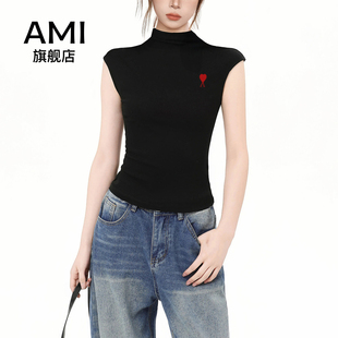 AMI官方美式修身无袖女款背心2026夏季新款黑色半高领坎肩短袖t恤