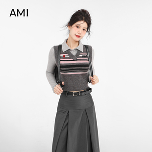 AMI官方美式灰色条纹v领无袖毛衣马甲女春秋新款无针织背心外搭修