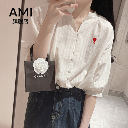 AMI官方法式白色衬衫女夏款夏季设计感小众短袖衬衣中袖半袖上衣