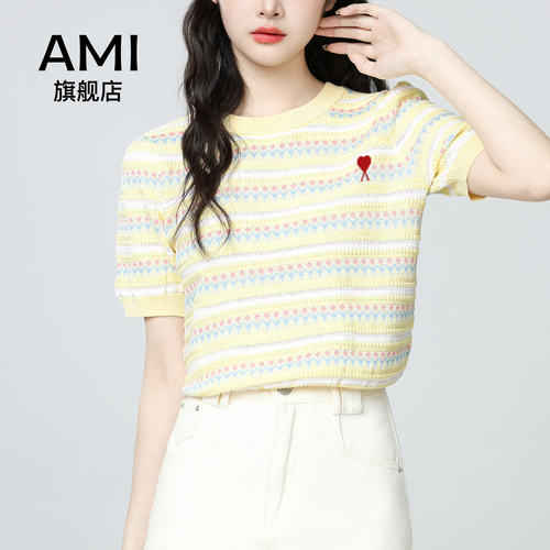 AMI官方黄色条纹针织短袖T恤女2026夏季新款圆领正肩体恤短款上衣