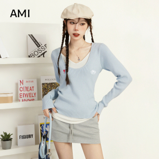 修身 AMI官方美式 内搭打底衫 T恤女春初春正品 假两件奶蓝色v领长袖