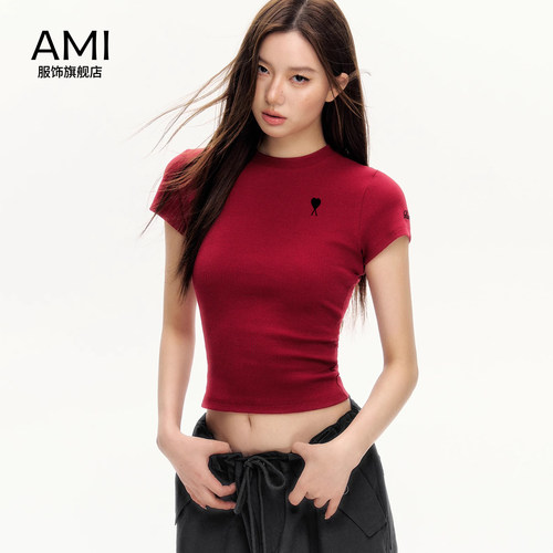 AMI2026美式红色短袖t恤女春夏季新款修身好看正肩新年装辣妹上衣