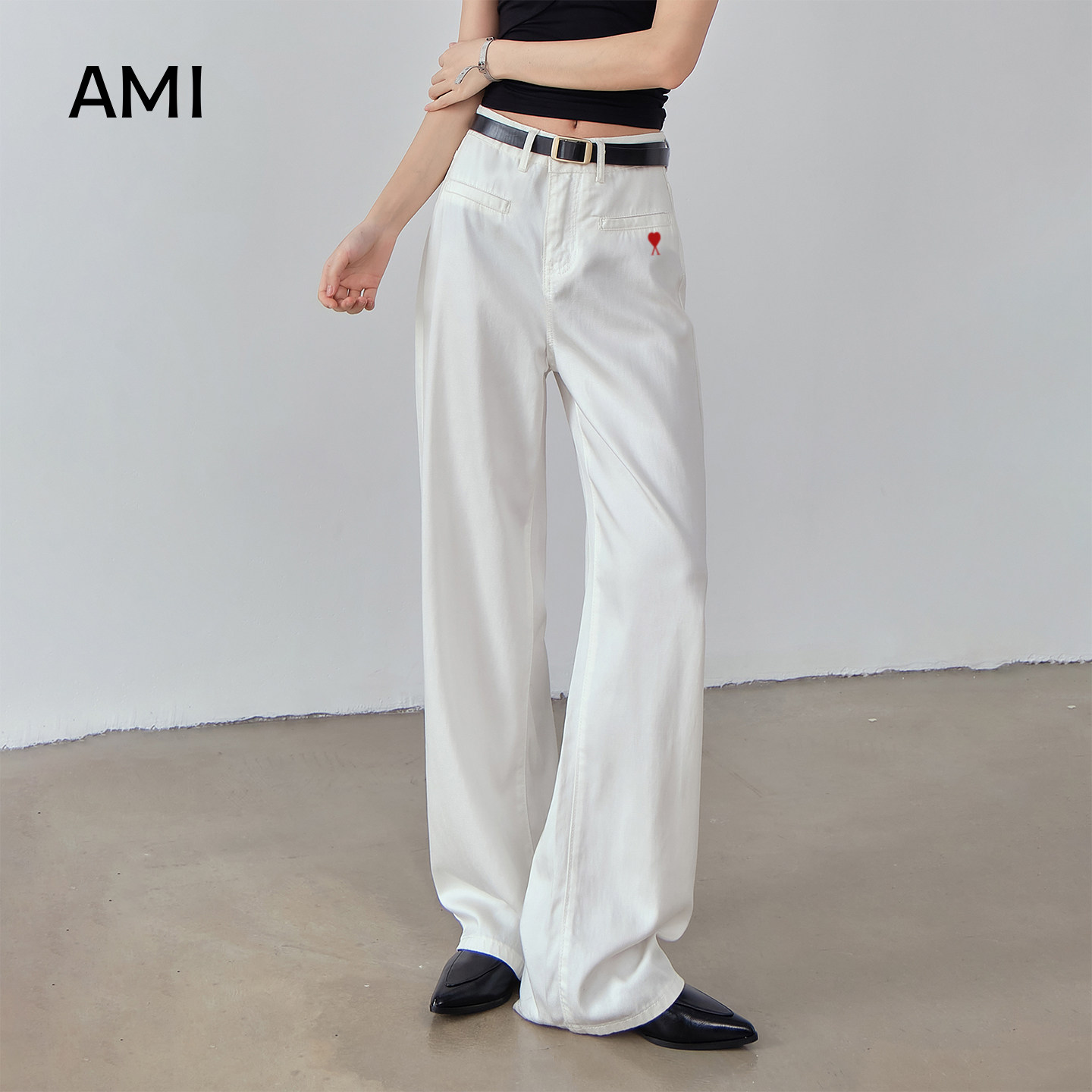 AMI官方美式白色高腰阔腿牛仔裤女春秋新款小个子直筒宽松垂感长