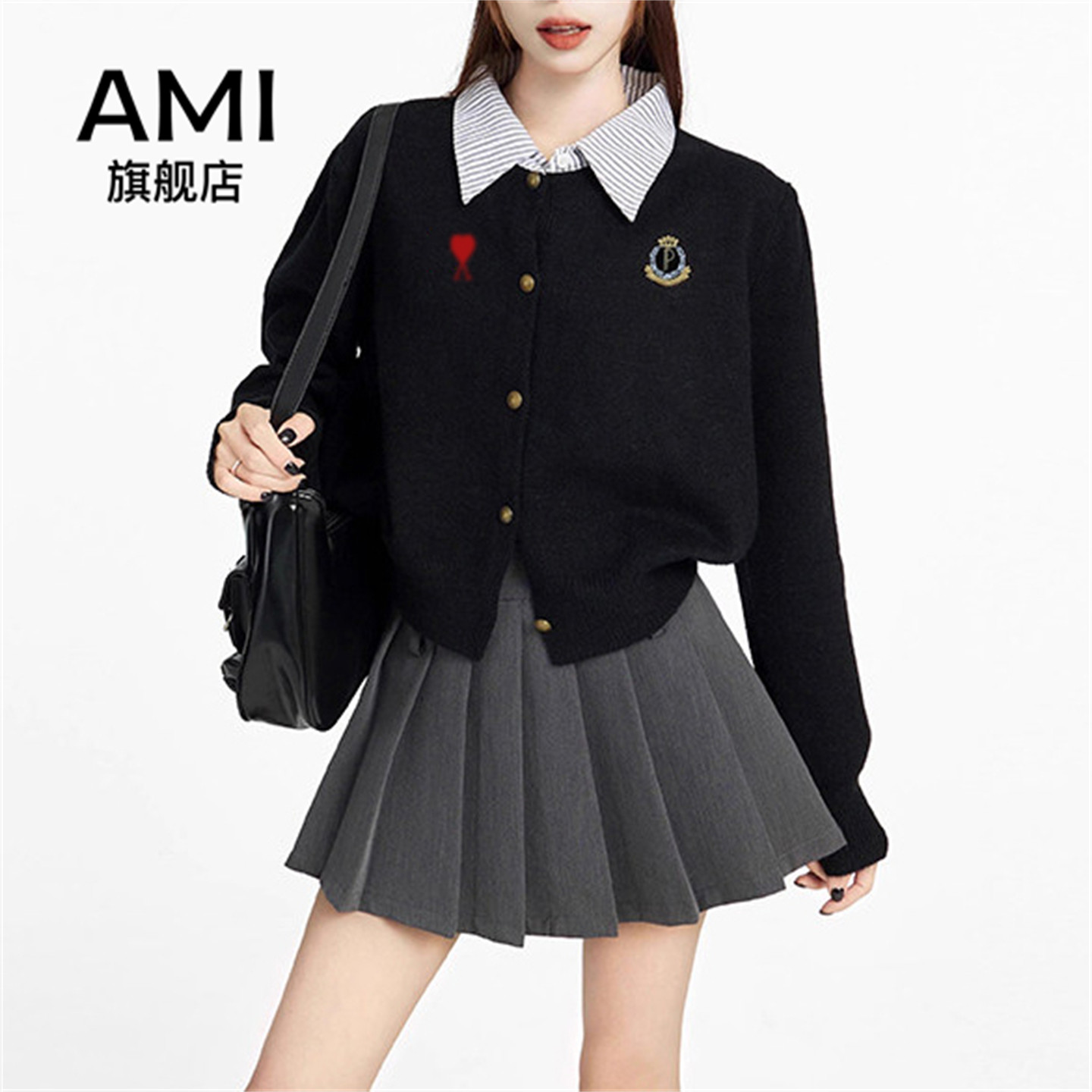 AMI 美式假两件学院风短款毛衣外套女春秋修身设计感针织开衫上衣,女装/女士精品,毛针织衫,淘宝优惠券,粉丝福利购,淘宝优惠卷