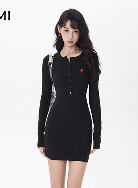 AMI美式黑色长袖包臀裙女冬秋辣妹设计感正品收腰显瘦连衣裙短款