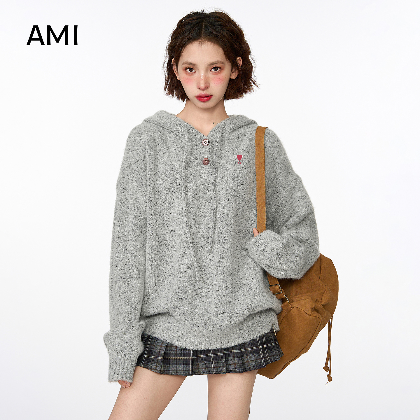 AMI 2025美式灰色连帽毛衣外套女冬秋新款慵懒宽松针织衫羊毛混纺