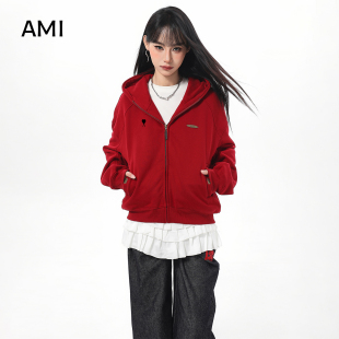 AMI美式红色连帽卫衣外套女冬秋新款设计感打底衫开衫短款上衣穿