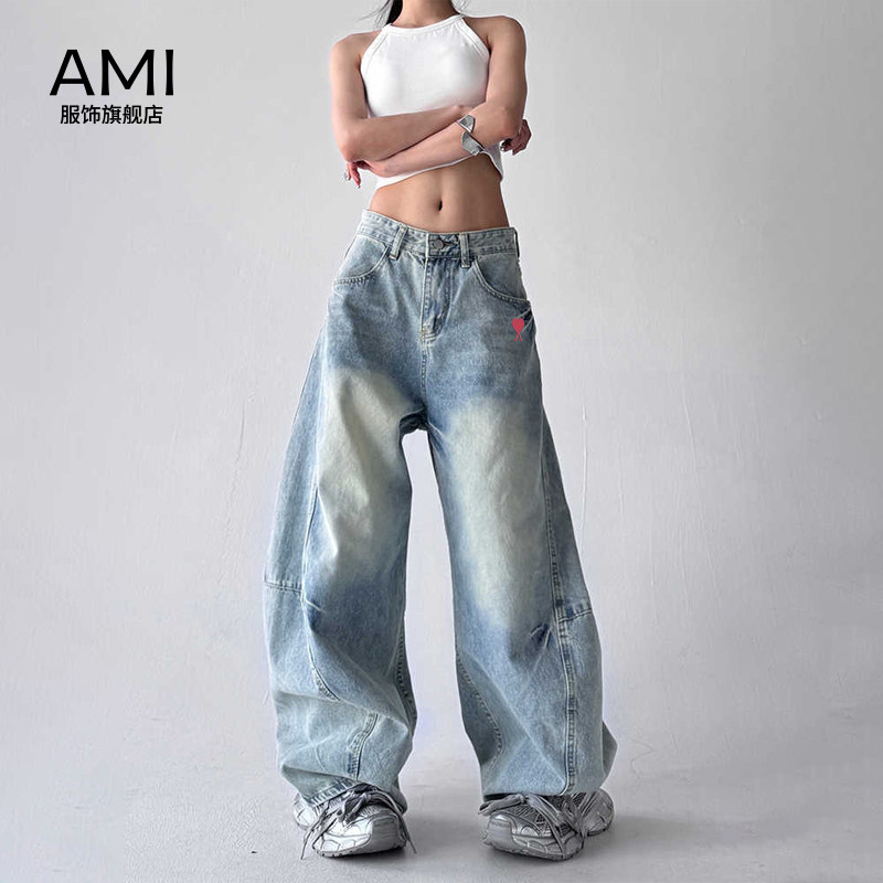 AMI官方 2026美式复古街头水洗浅蓝牛仔裤女春季新款正品宽松阔腿