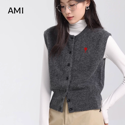 AMI美式灰色针织背心马甲开衫女冬秋新款穿搭叠穿内搭无袖毛衣