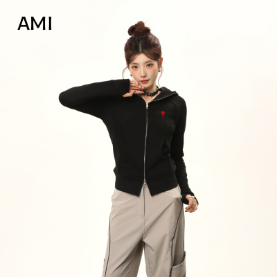 AMI美式连帽双拉链开衫卫衣女春秋新款小众辣妹修身显瘦短款上衣