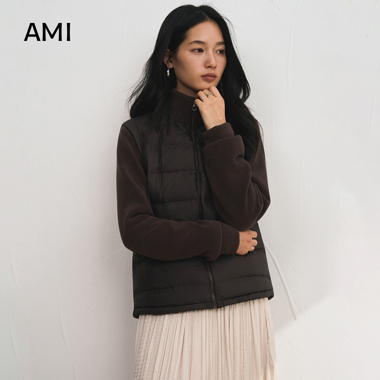 AMI美式短款摇粒绒羽绒外套女款秋冬新款纯色保暖开衫高级感百搭