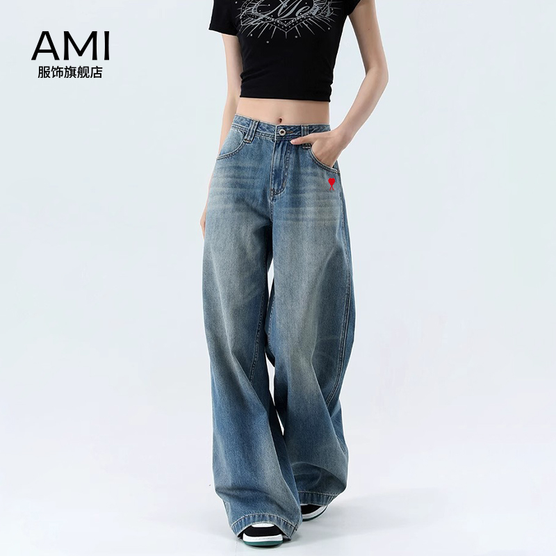 AMI 2025美式复古阔腿牛仔裤女冬秋高腰宽松正品休闲直筒长裤潮