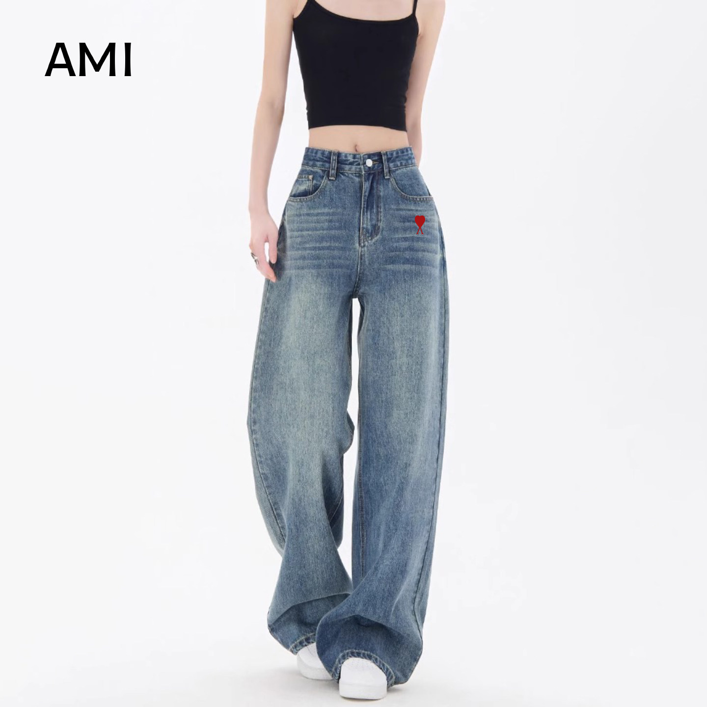 AMI官方2026美式复古阔腿牛仔女春夏正品宽松高腰显瘦直筒拖地裤