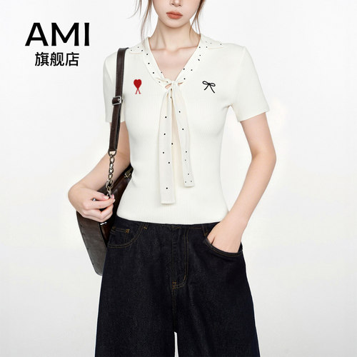 AMI官方v领波点假两件正肩短袖t恤女夏季2026新款polo领修身上衣