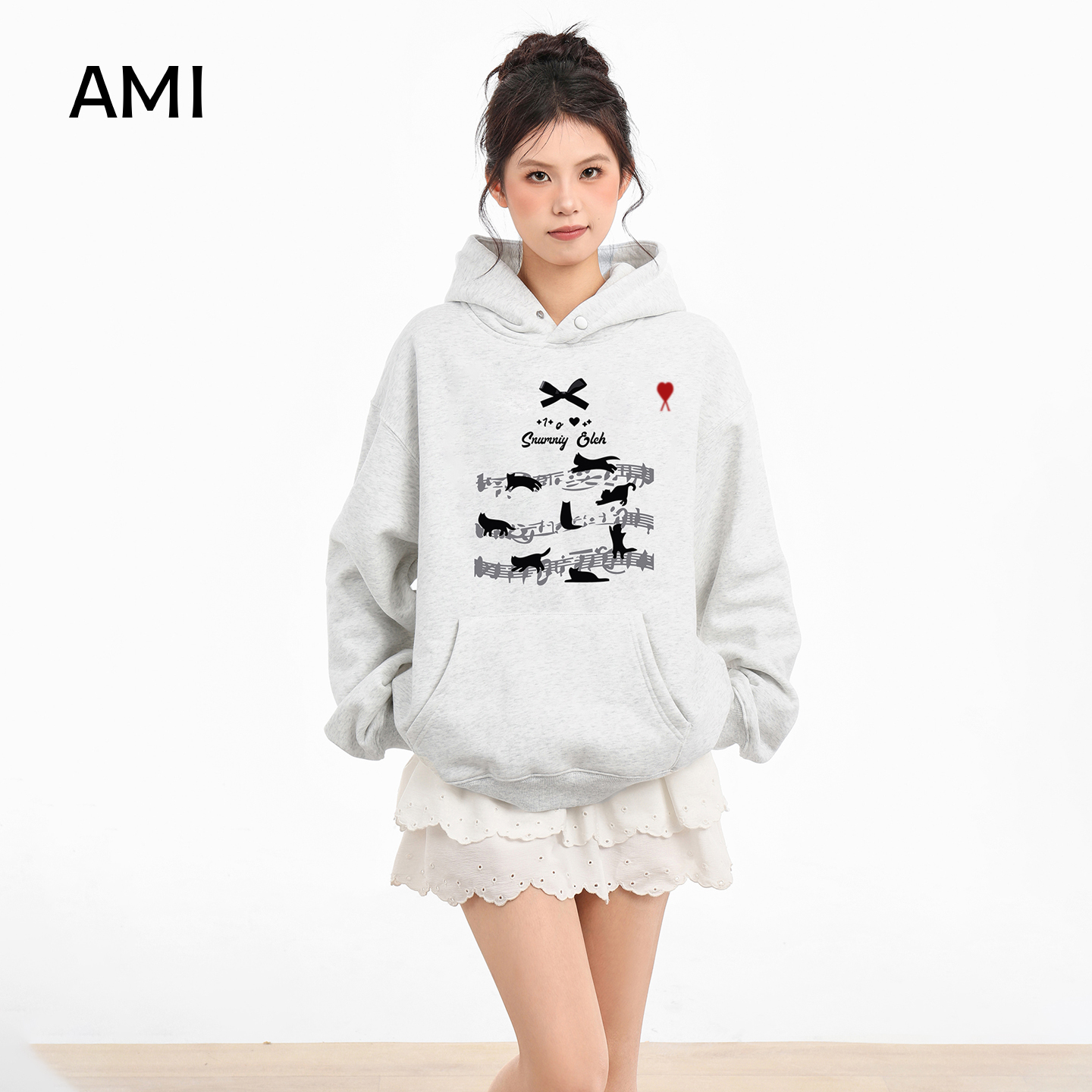 AMI美式复古灰色连帽卫衣女套头春秋款蝴蝶结宽松慵懒帽衫外套冬