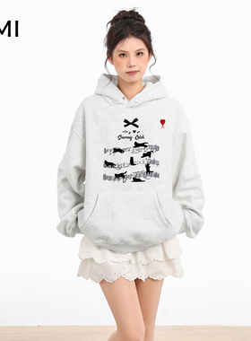 AMI美式复古灰色连帽卫衣女套头春秋款蝴蝶结宽松慵懒帽衫外套冬