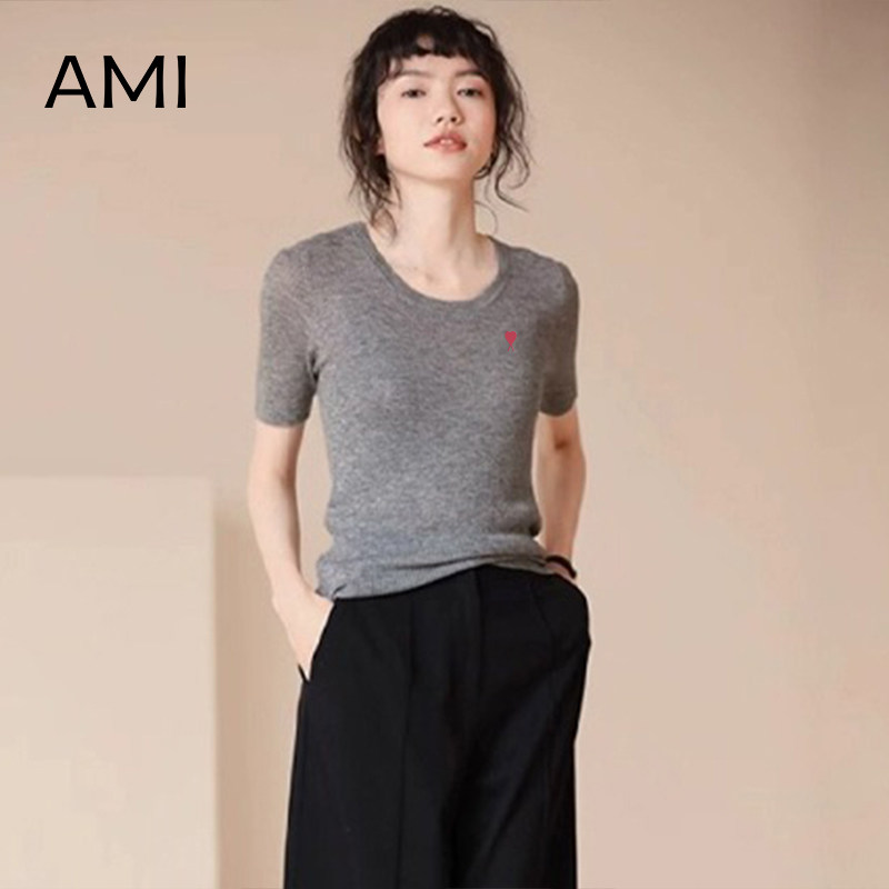 AMI官方2026美式针织灰色短袖T恤女春秋季薄款修身显瘦正品小个子