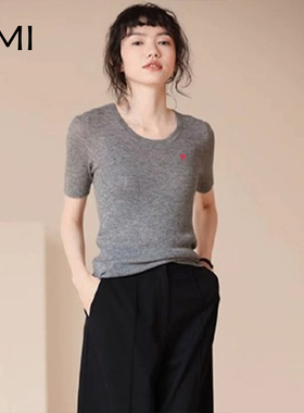 AMI2025美式针织灰色短袖T恤女冬季薄款修身显瘦正品小个子上衣