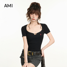 AMI旗舰店美式辣妹黑色露背绑带方领短袖T恤女夏修身收腰正品上衣